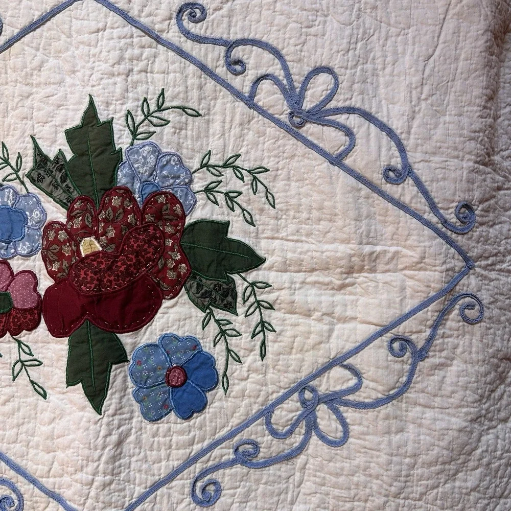 VTG Embroidered Quilted Floral Pillow Sham Case Oversized Patchwork Cottagecore